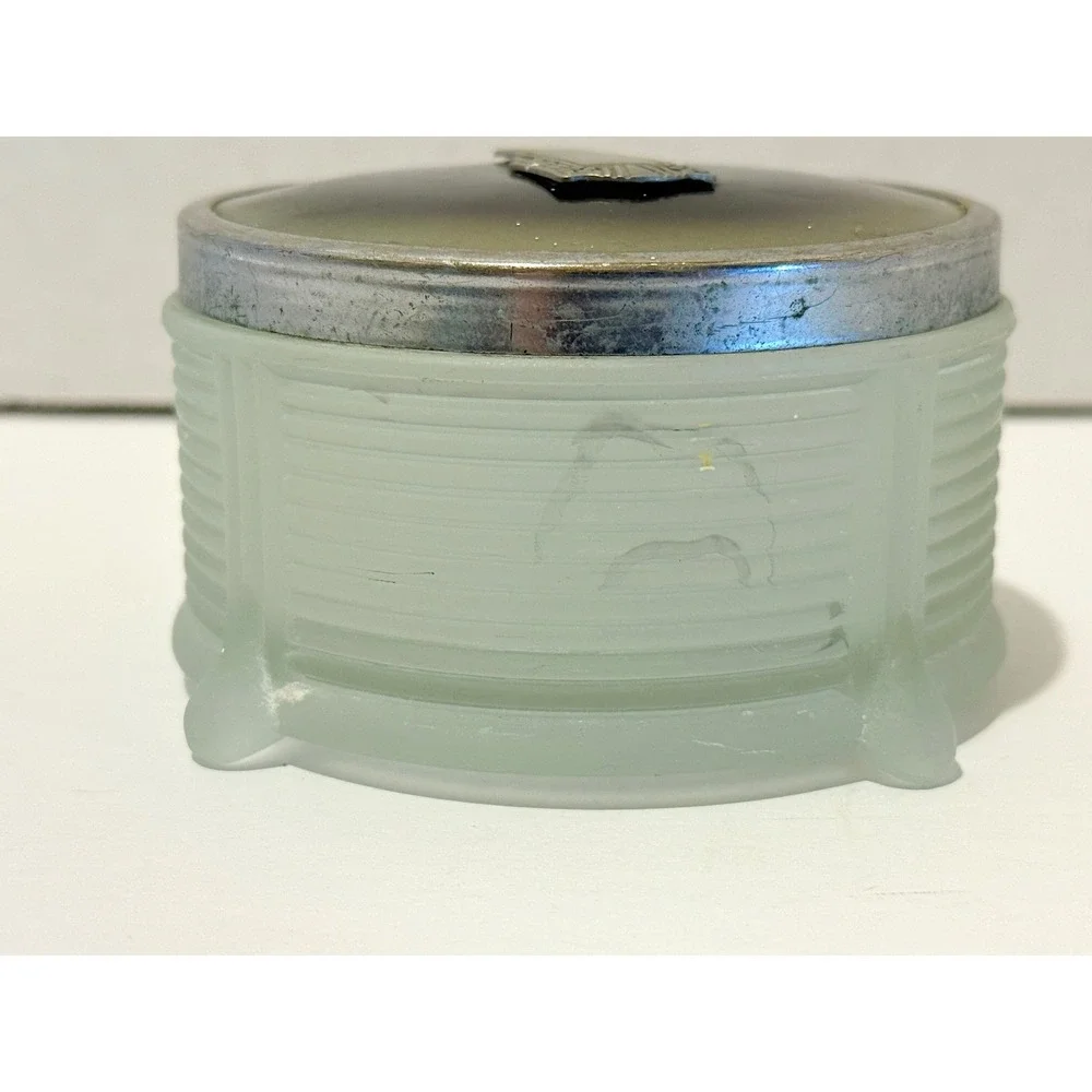 Vintage Art Deco Powder Jar Frosted Glass Metal Lid Skyscraper Vanity Trinket